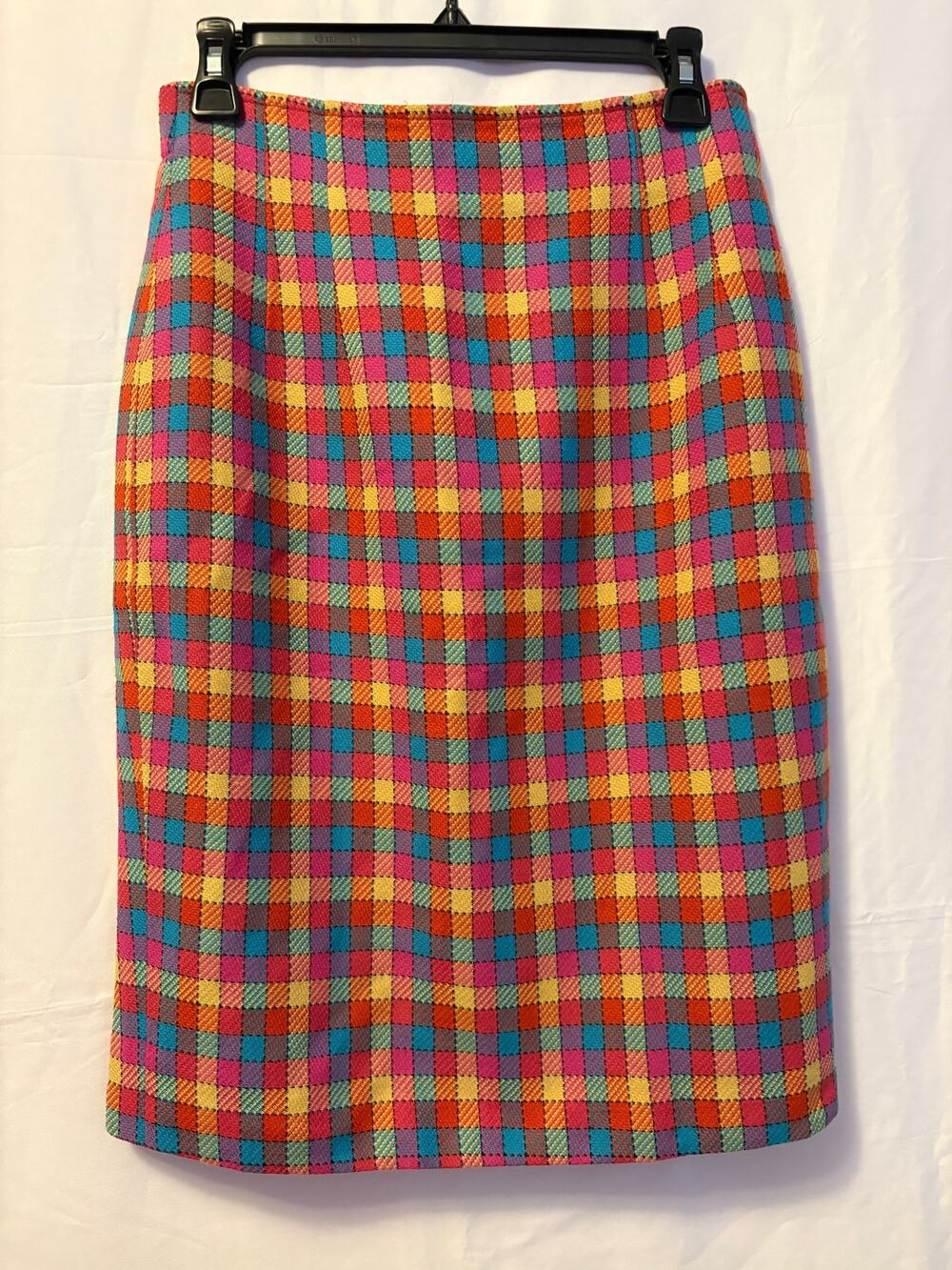 Vintage Yeats Midi Pencil Skirt Orange Blue Tweed Plaid Back Zip Sz 12